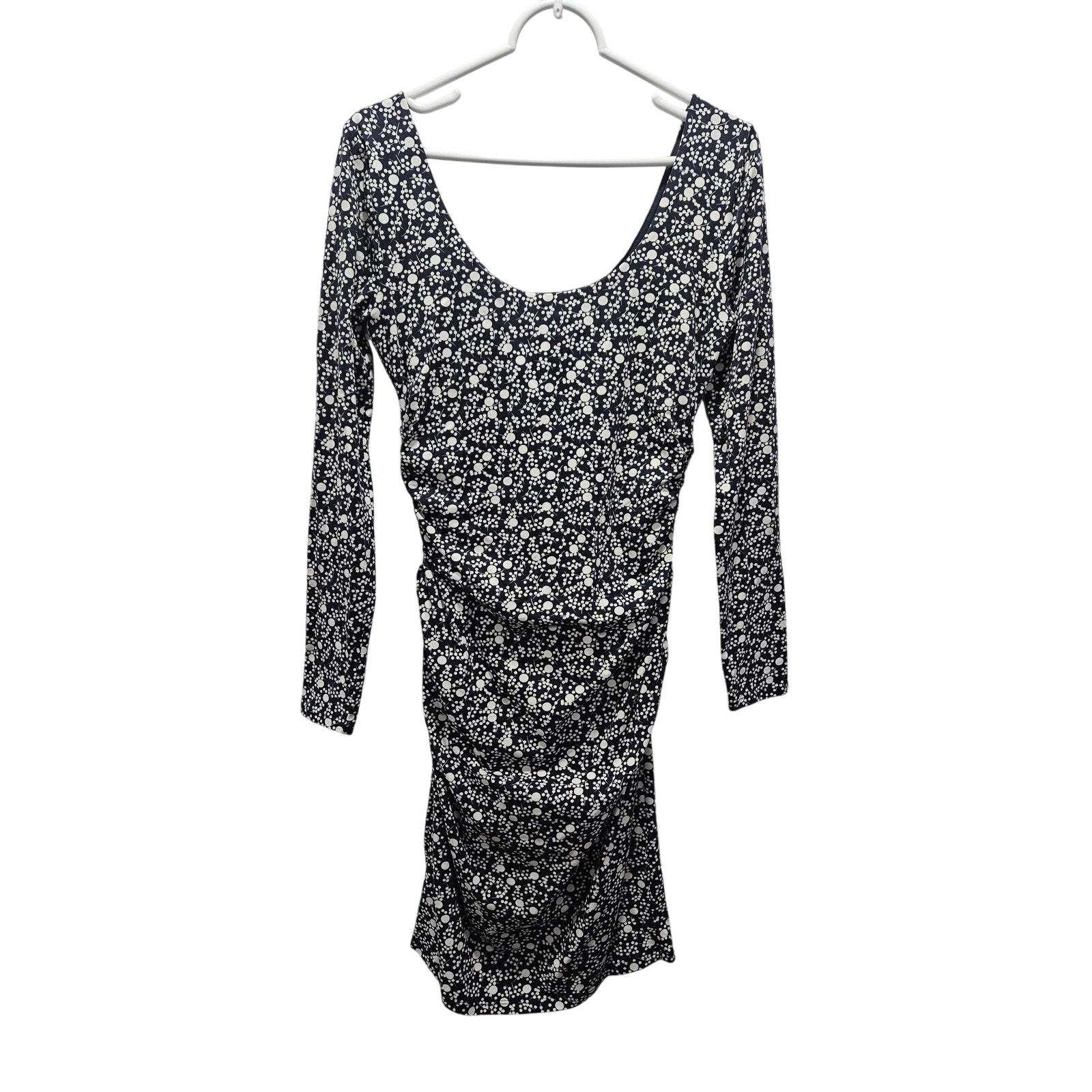Boden Ruched Floral Mini Dress 8 Blue White Cottagecore Scoop Back Bodycon